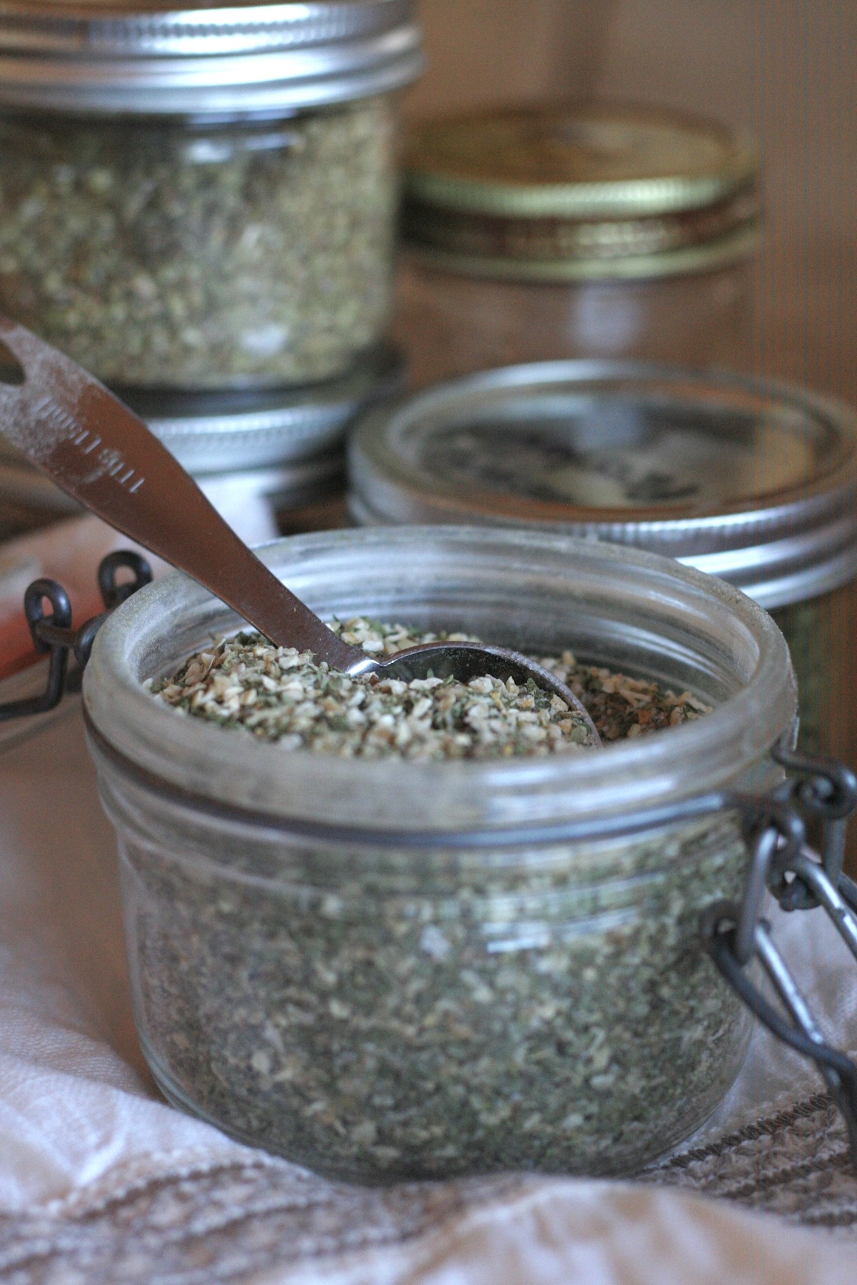 Ranch seasoning in a flip top glass jar.