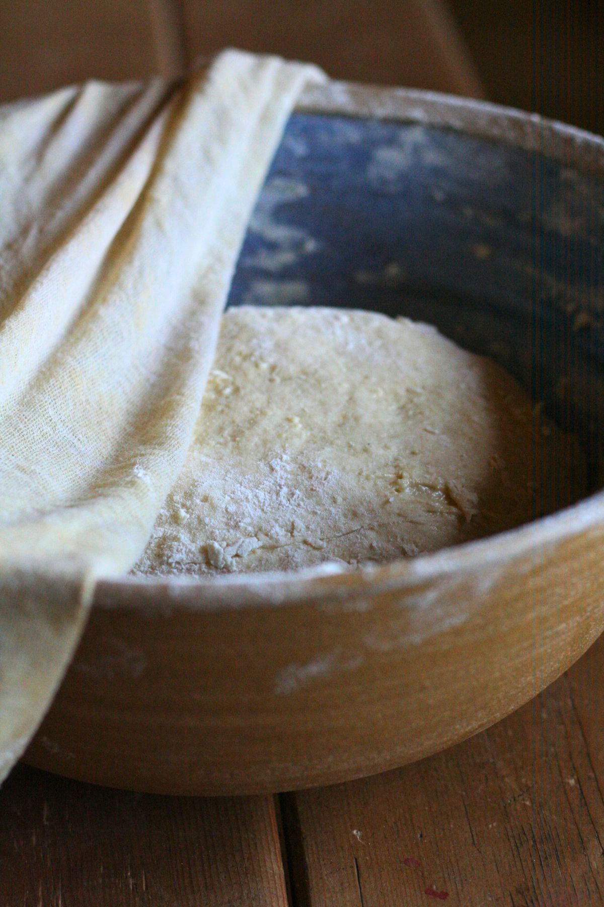 Sourdough resting in a bowl covered with a towel.