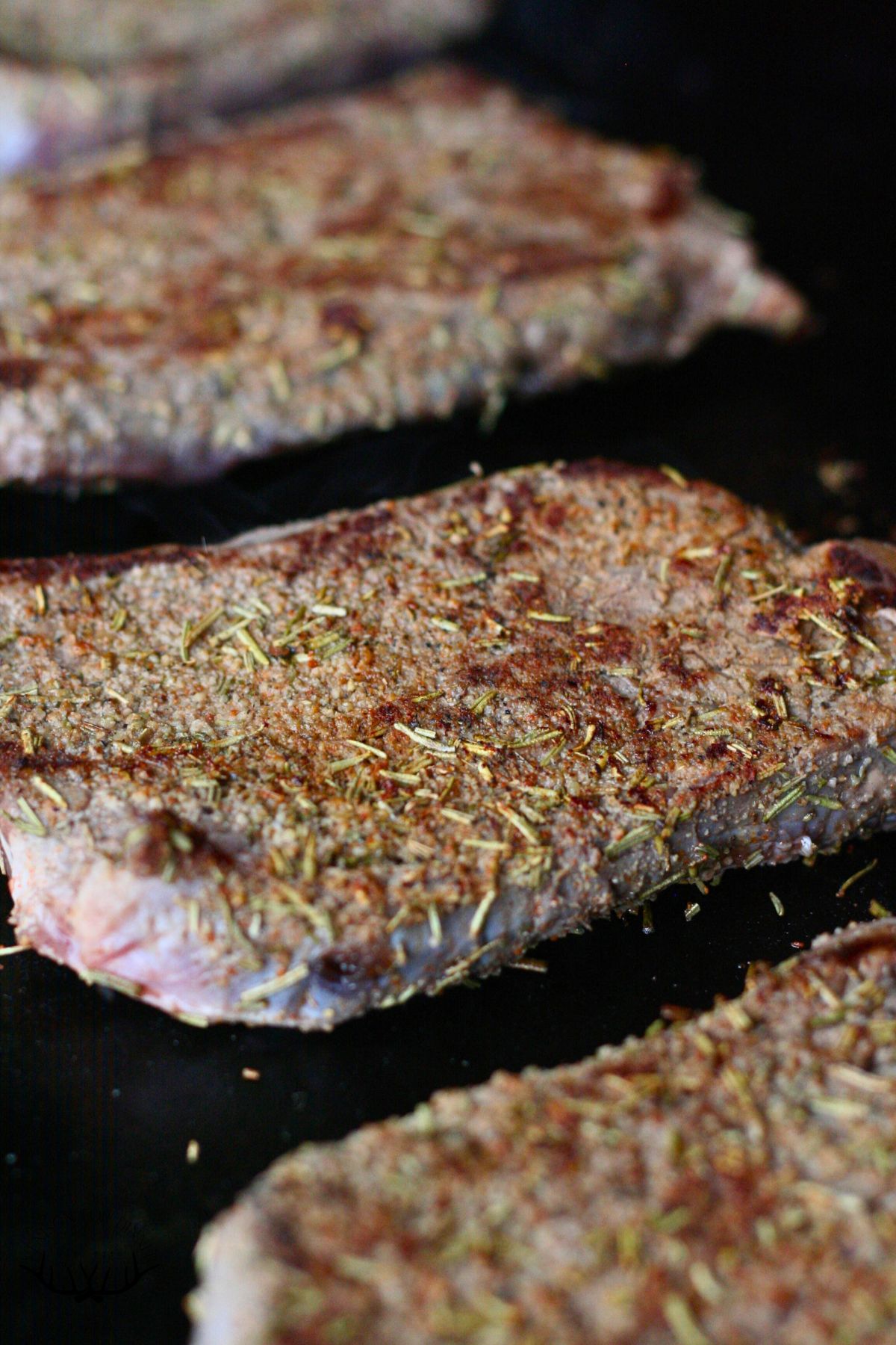 Moose steak with herbs on a grill.