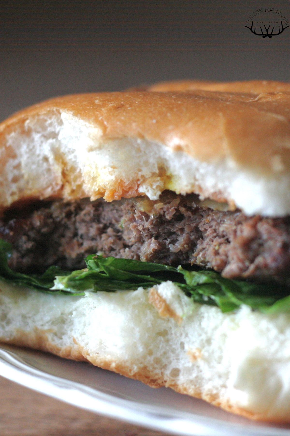 A bitten moose burger with lettuce and ketchup.