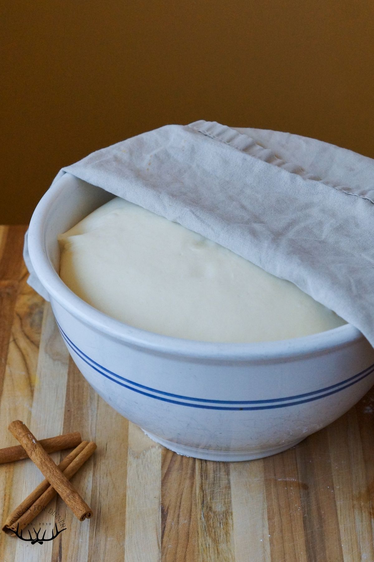 Bread dough that has doubled in a bowl.