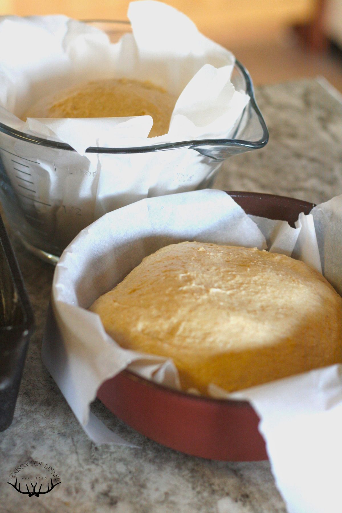 Sourdough balls in a measuring cup and cake pan to show new shaping.