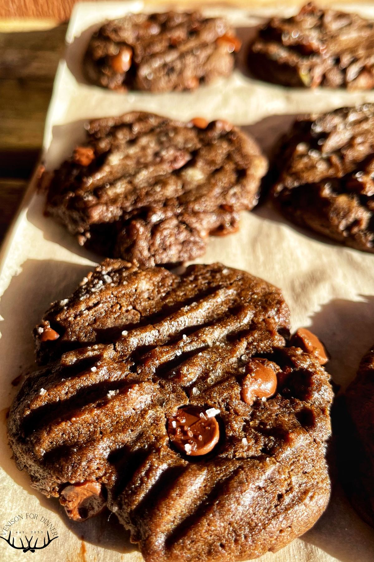 Baked vegan chocolate cookies on a baking sheet.
