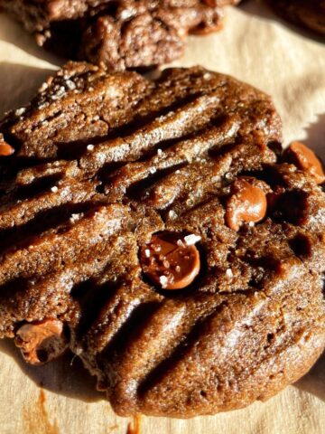 Closeup of a double chocolate chip cookie.