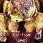 Oven roasted whole chicken in a cast iron pan.