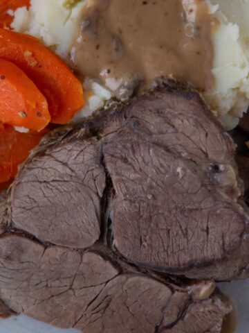 Venison neck roast with carrots and mashed potatoes.