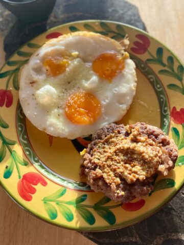 Maple sausage patty with eggs.