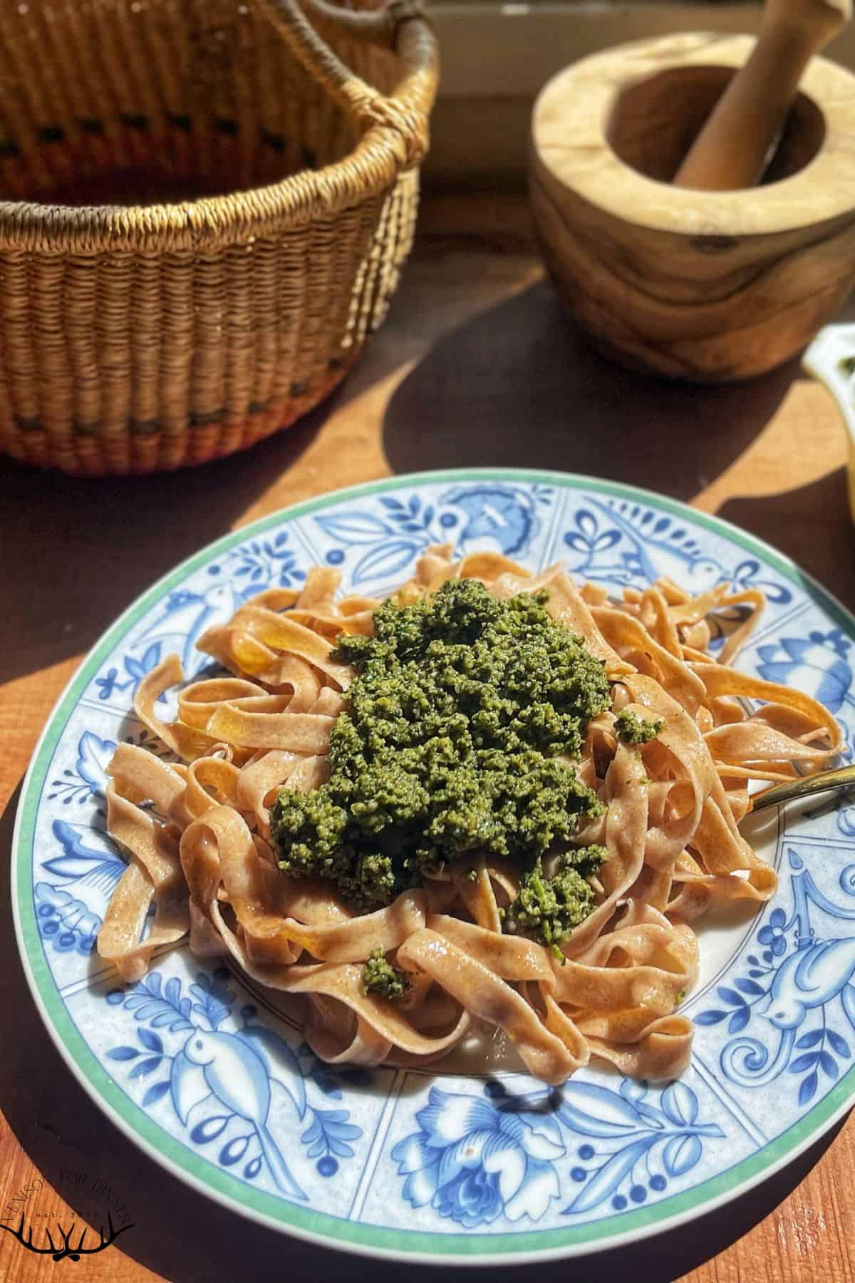 Stinging nettle pesto over fresh pasta.