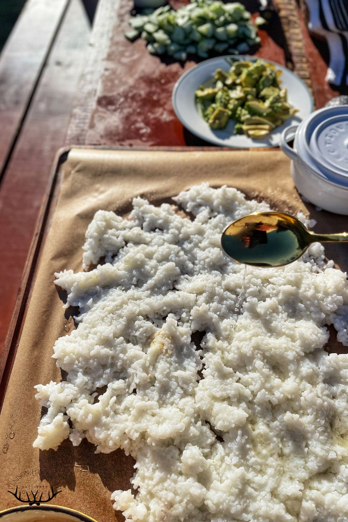 Sprinkling vinegar over sushi rice.