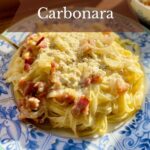 Large bowl of homemade fettuccine carbonara.
