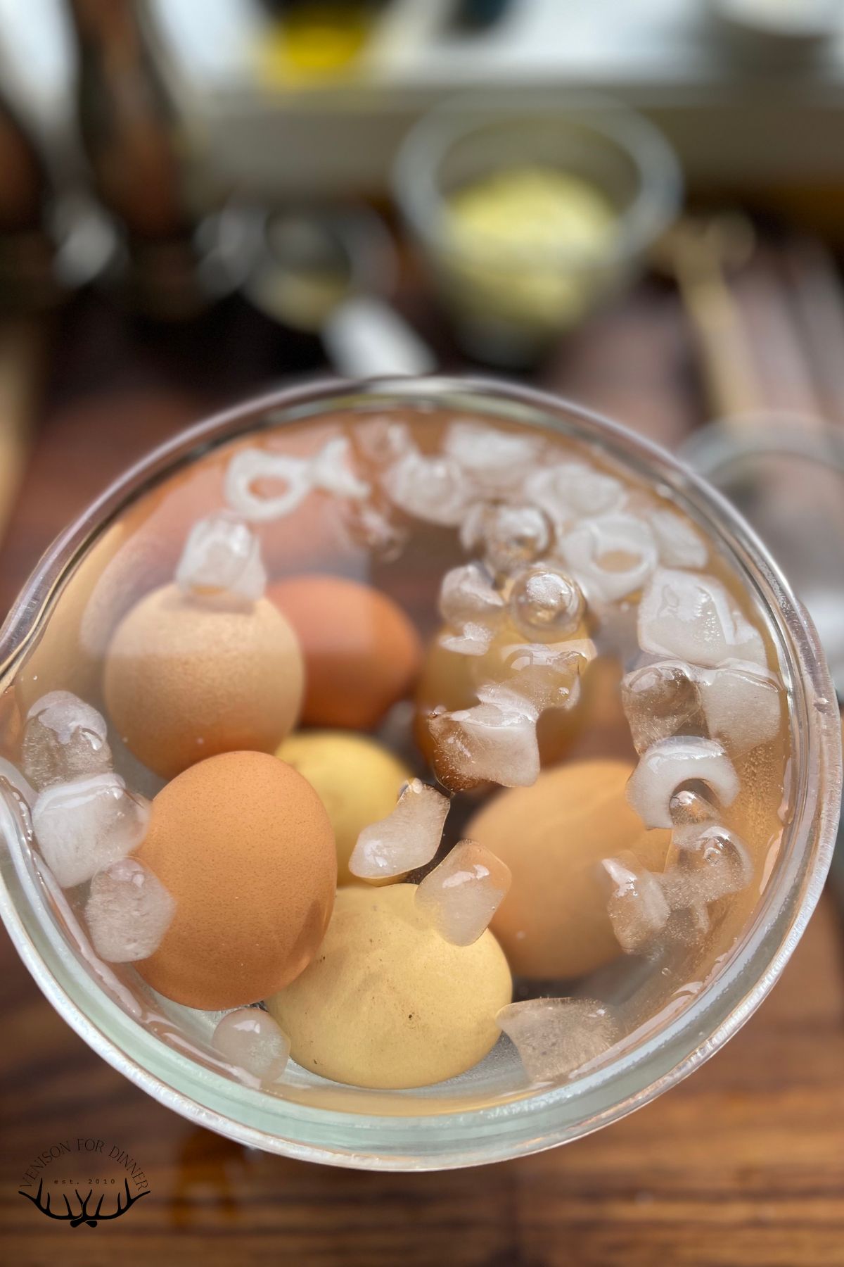Shocking hard boiled eggs in ice water.