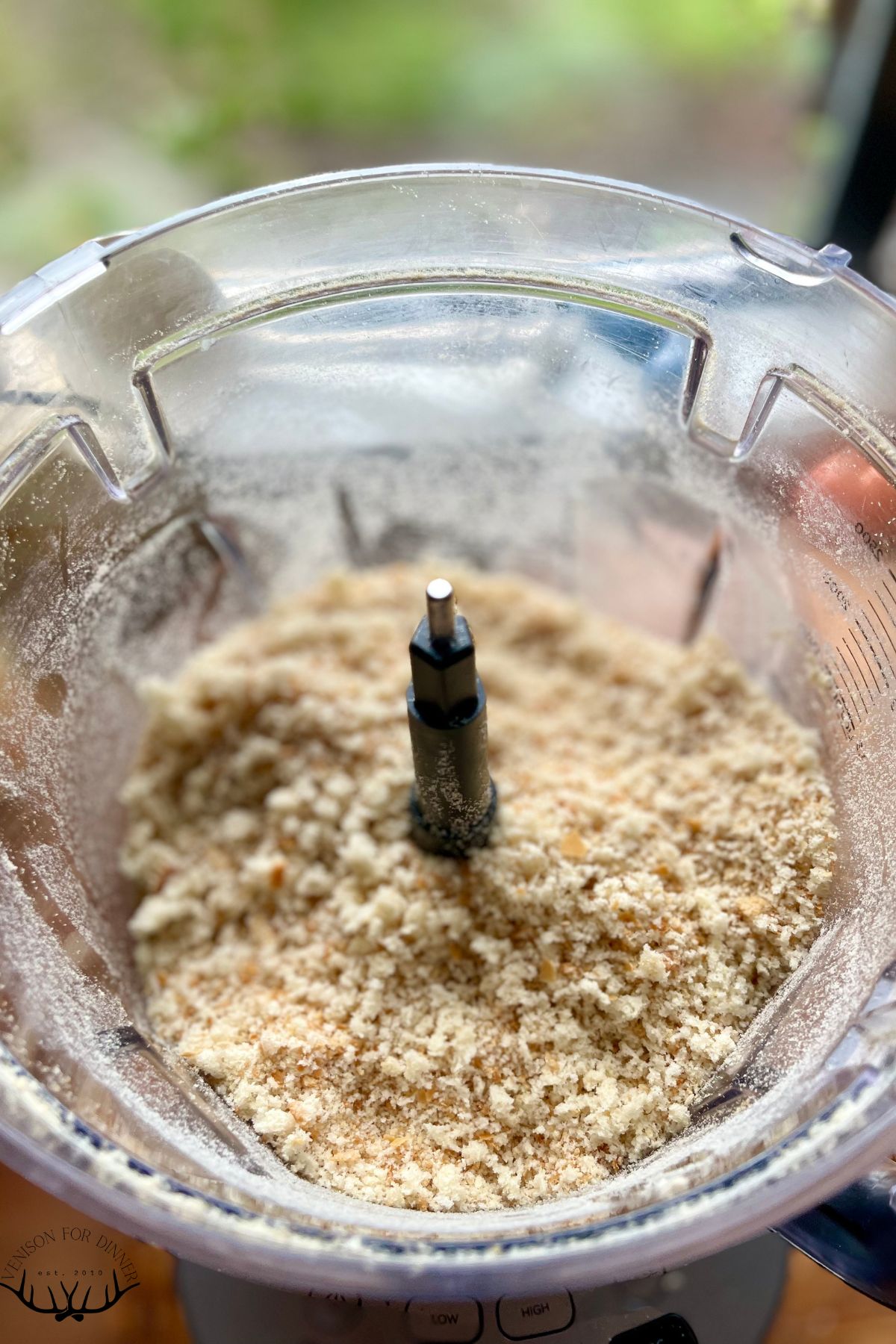 Homemade bread crumbs in the food processor.