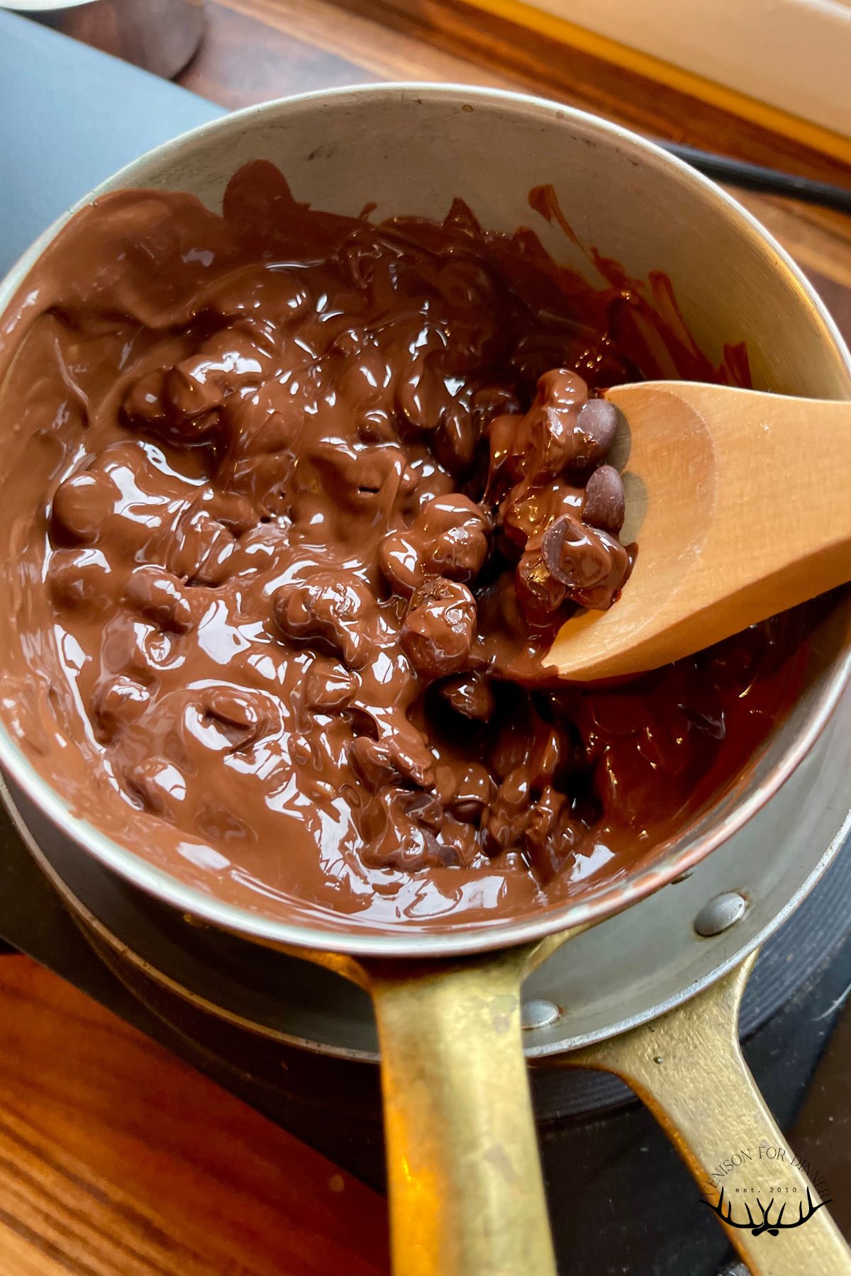 Melting chocolate chips on the stove.