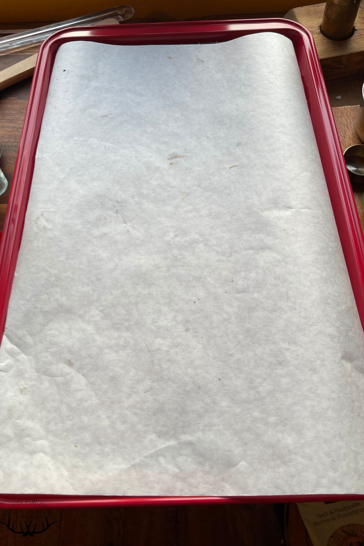 Parchment lined baking sheet.