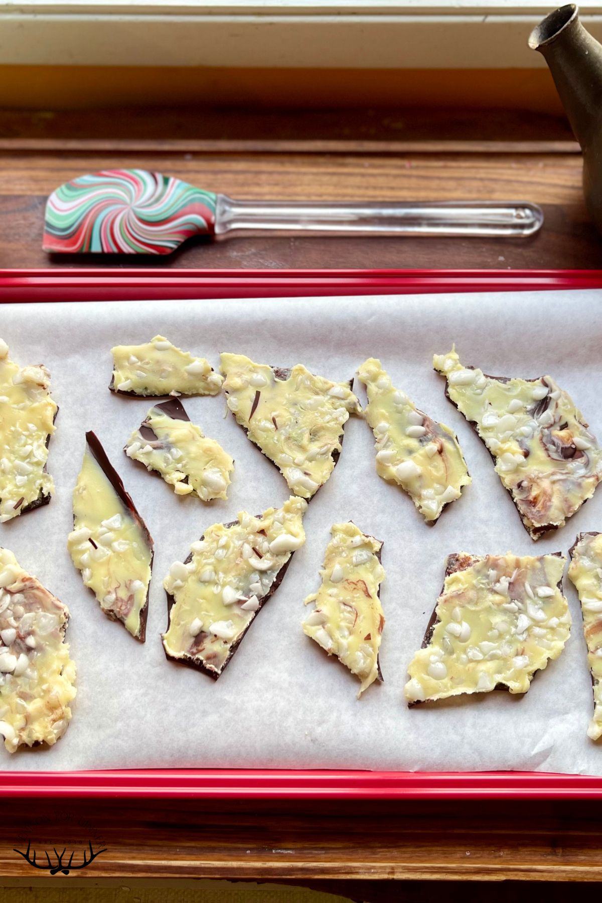 Pieces of dye-free peppermint bark.