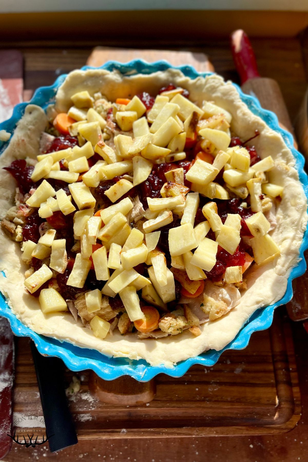 Potatoes and cranberries added to pot pie.