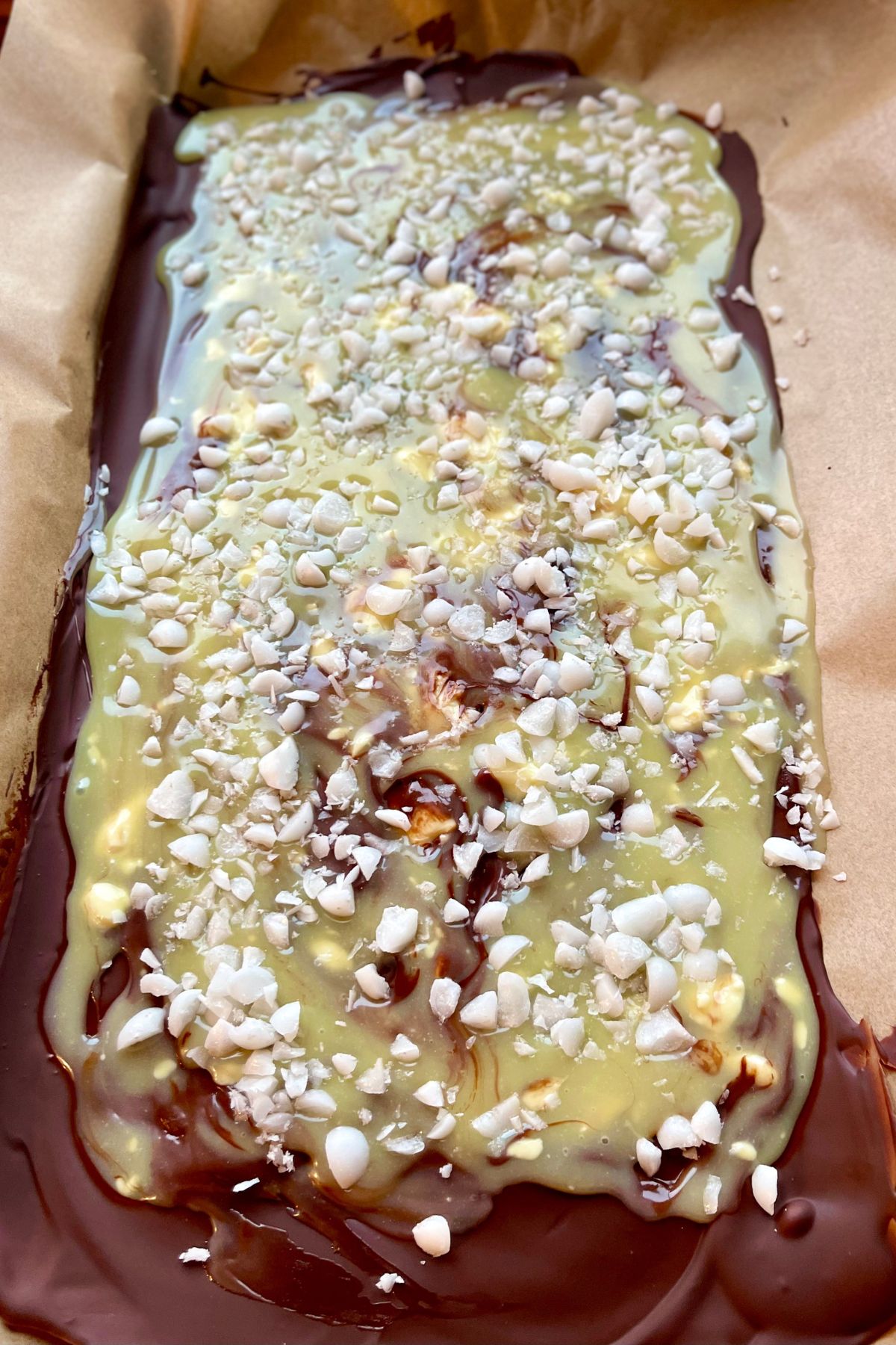 Peppermint bark on a baking sheet.
