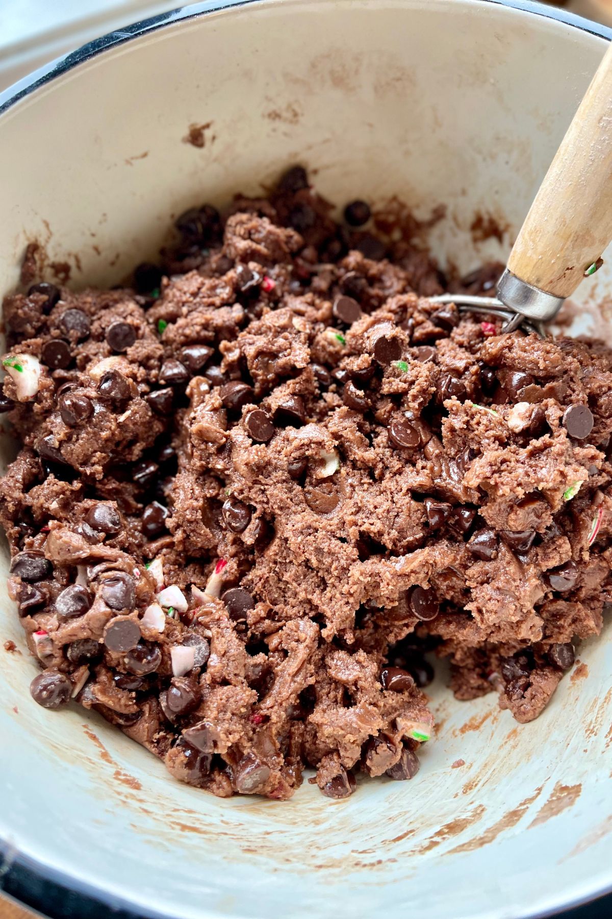 Chocolate cookie dough in a mixing bowl.