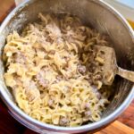 Pot of ground venison stroganoff.