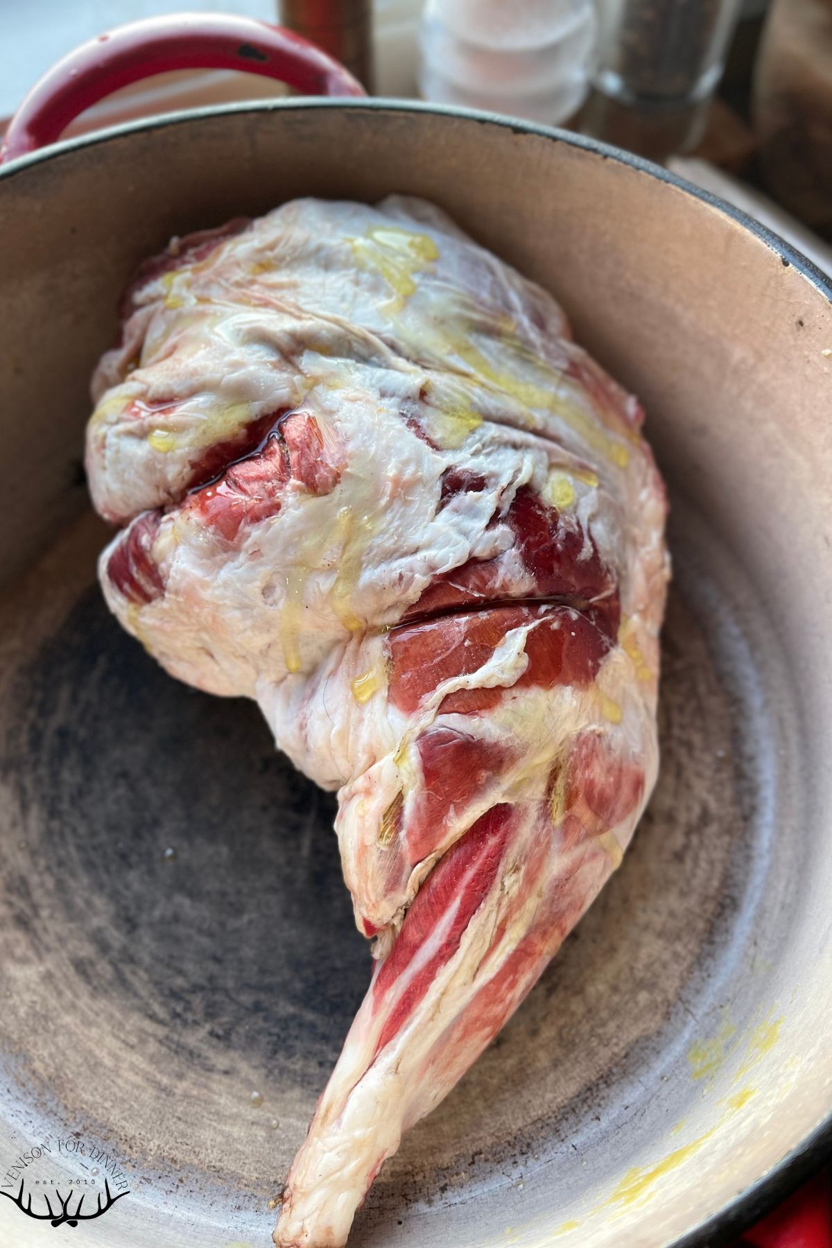 Leg of lamb in a dutch oven.