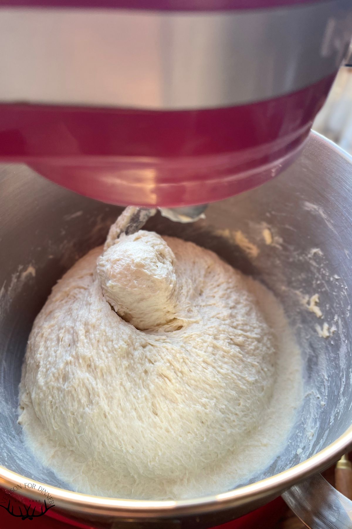 Stand mixer with dough hook and bread dough.