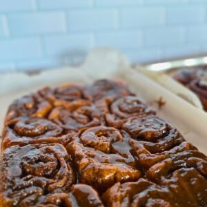 Two pans of healthy cinnamon sticky buns.