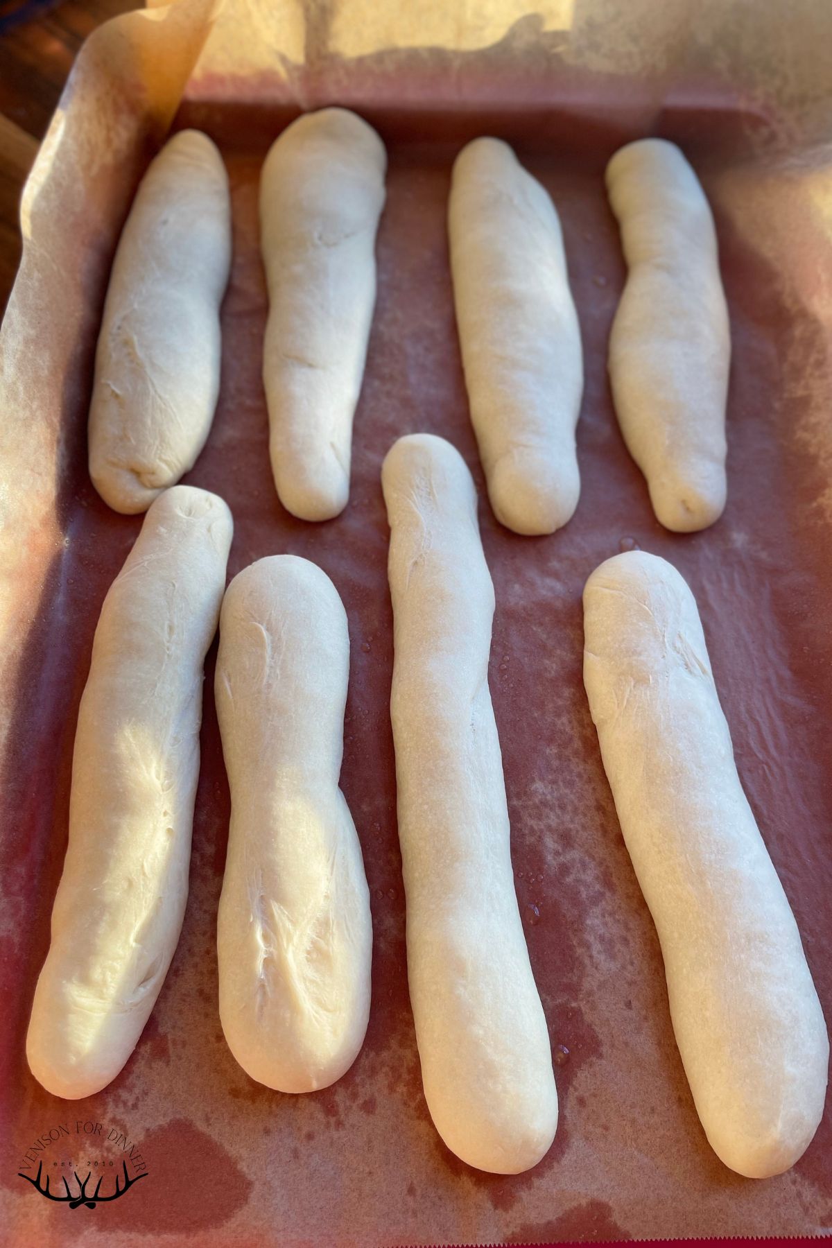Proofed sourdough breadsticks on parchment paper.