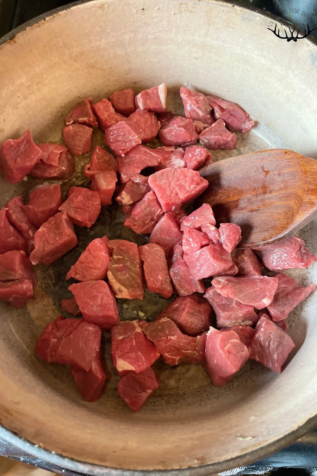 Browning venison cubes in a dutch oven.