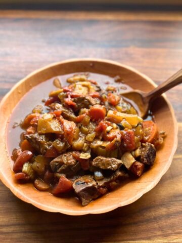 Single bowl full of venison stew with veggies.