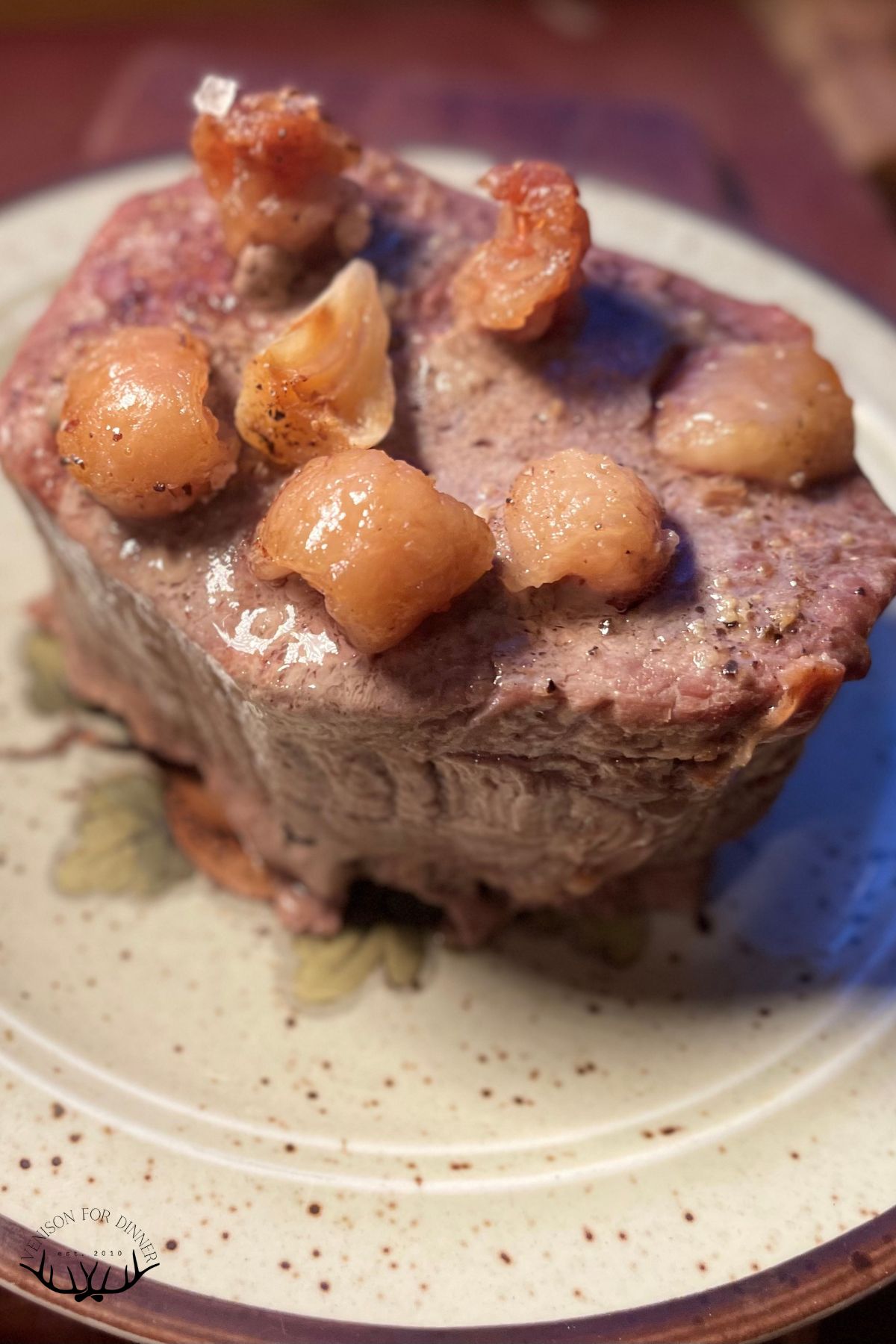 Deer roast made in a Dutch oven.