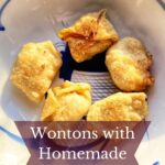 Homemade pork and prawn wontons in a bowl.