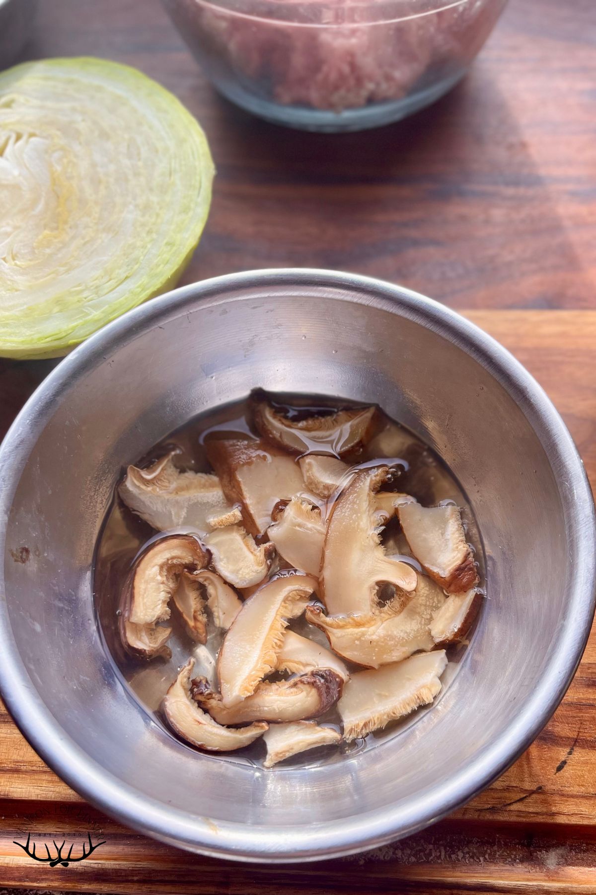 Dried mushrooms in soaking water.