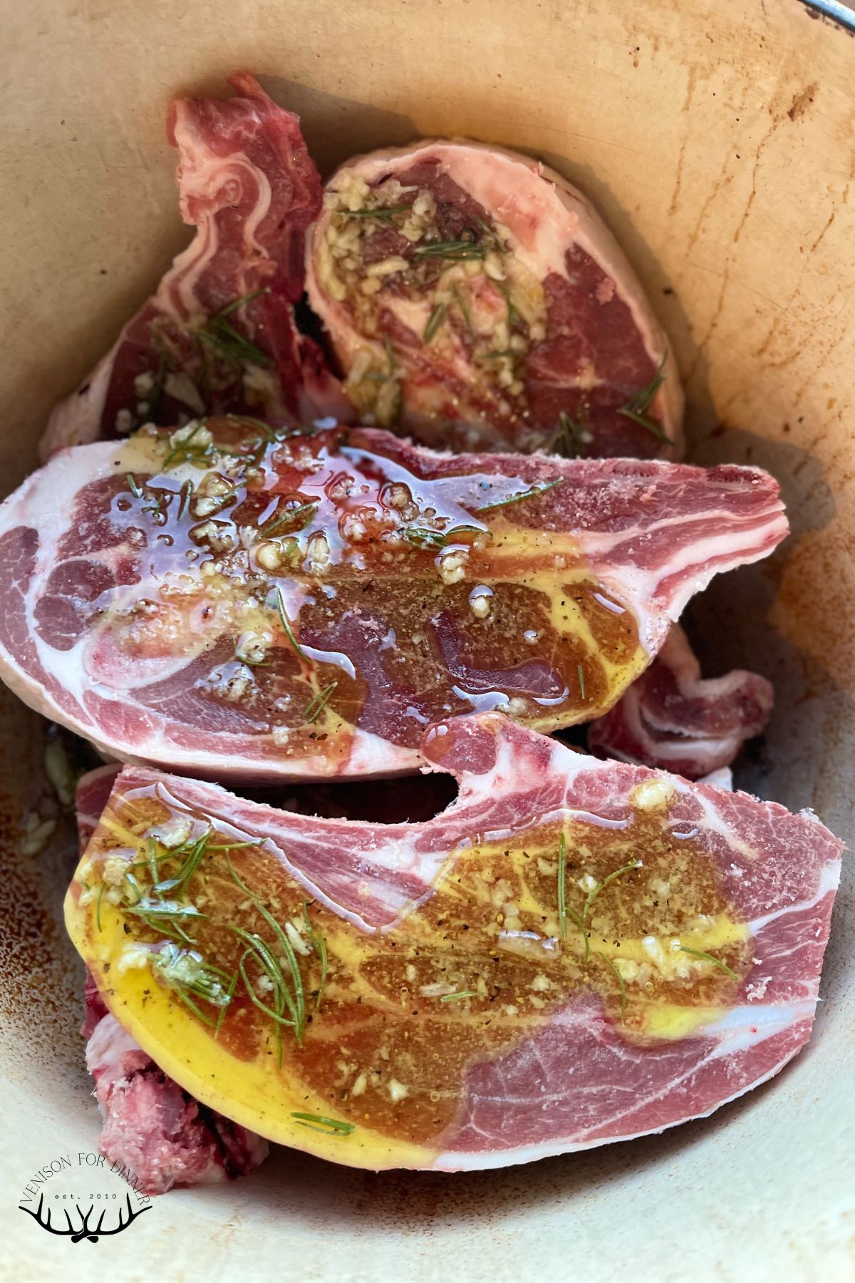 Lamb chops piled in a Dutch oven.