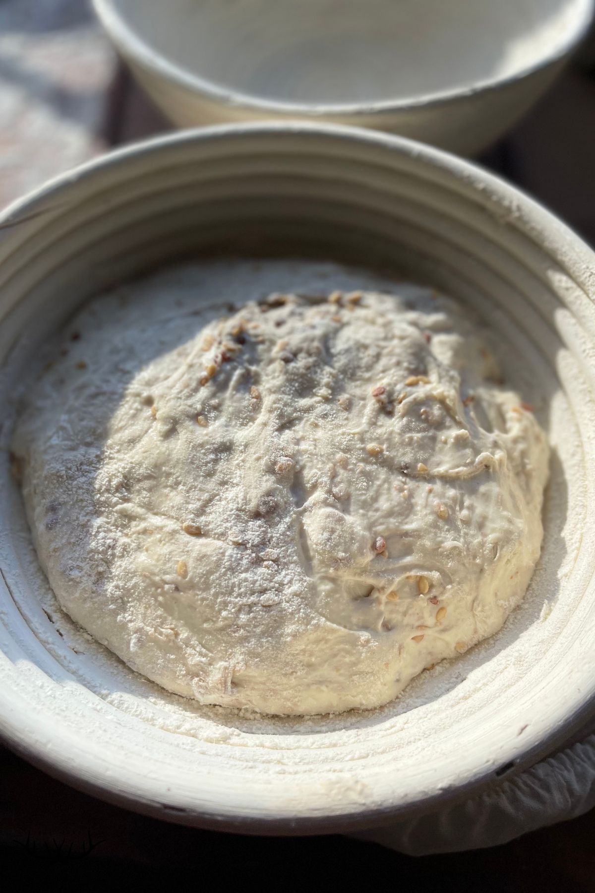Seeded sourdough in a banneton.