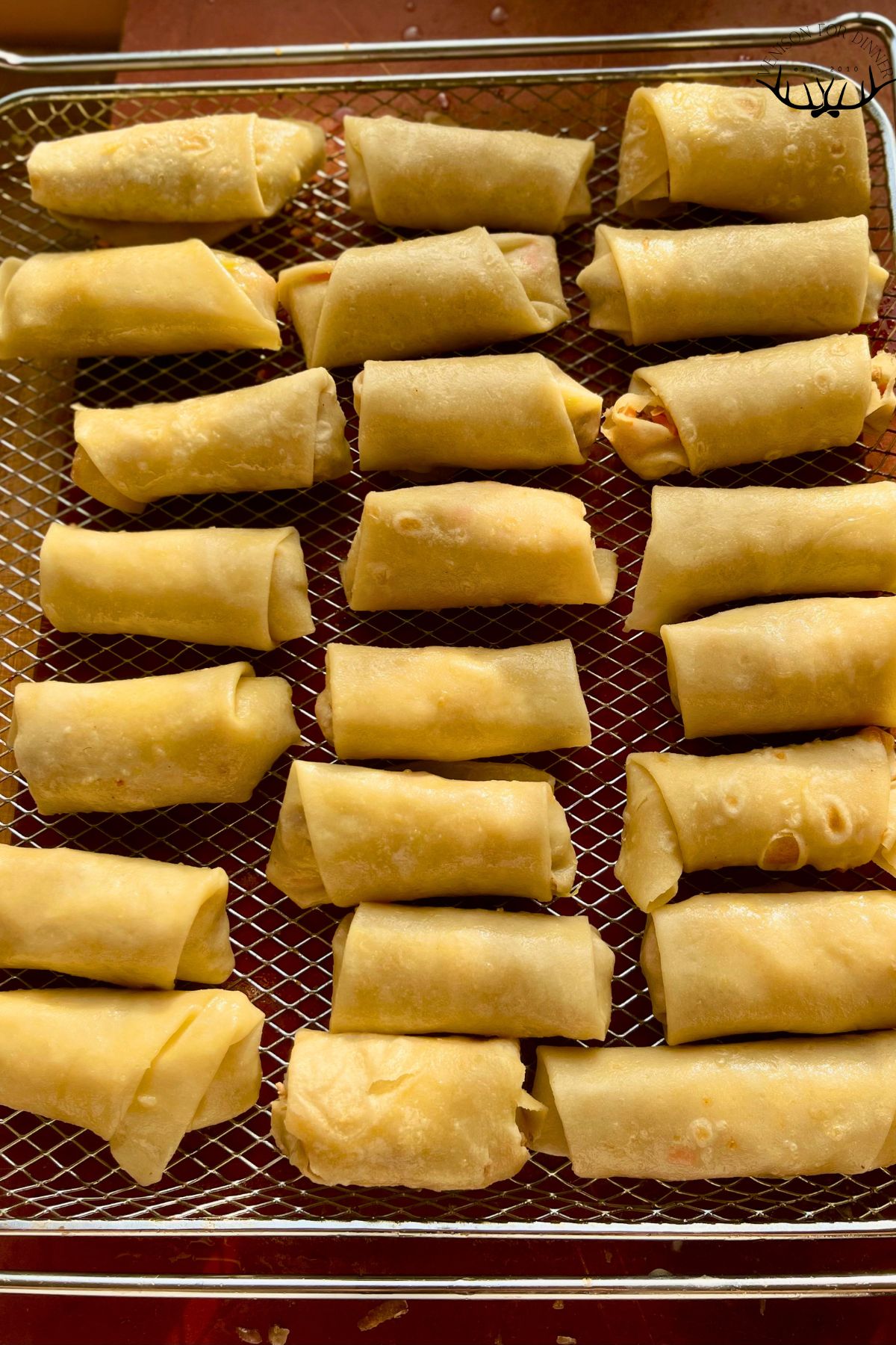 Wrapped spring rolls on a cooling rack.