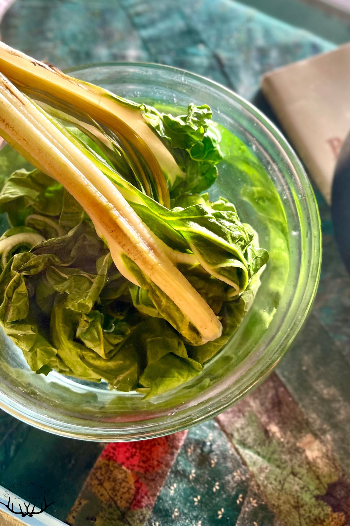 Kale leaves in ice water.