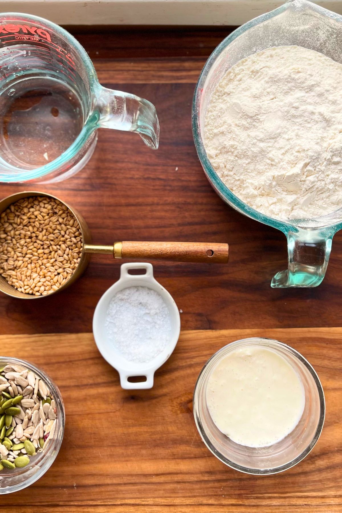 Ingredients for sourdough bread with seeds.