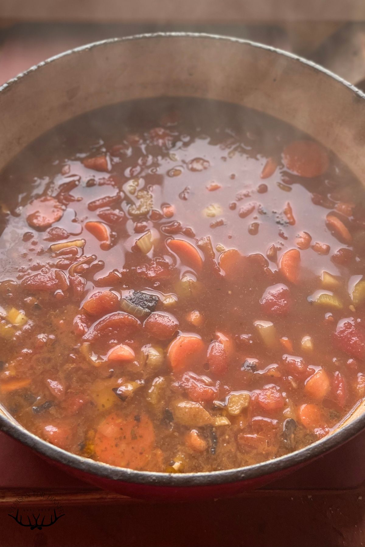 Simmer venison stew in a dutch oven.