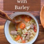 A single serving of venison vegetable soup with barley.