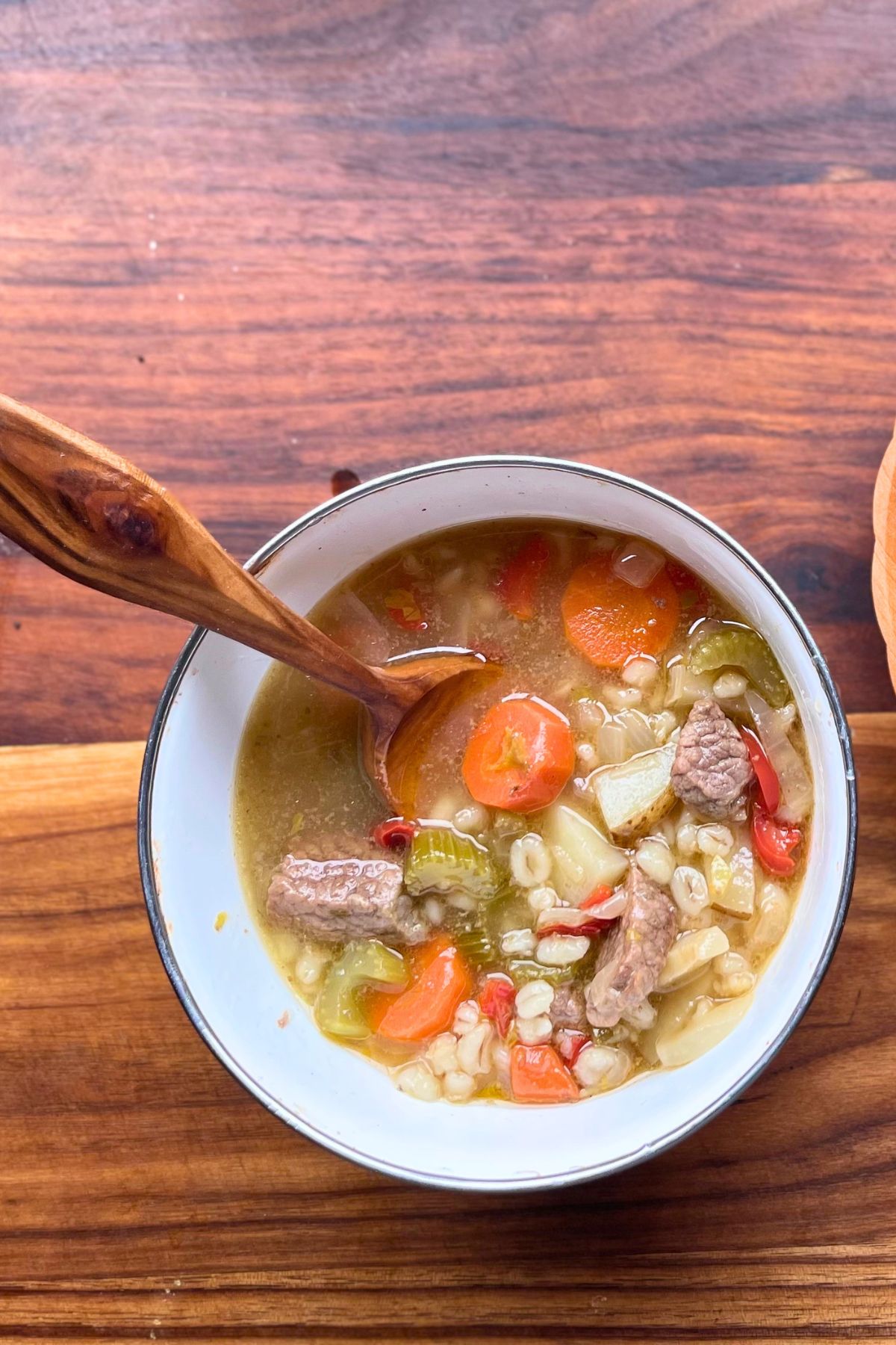Wooden spoon in bowl of venison soup.
