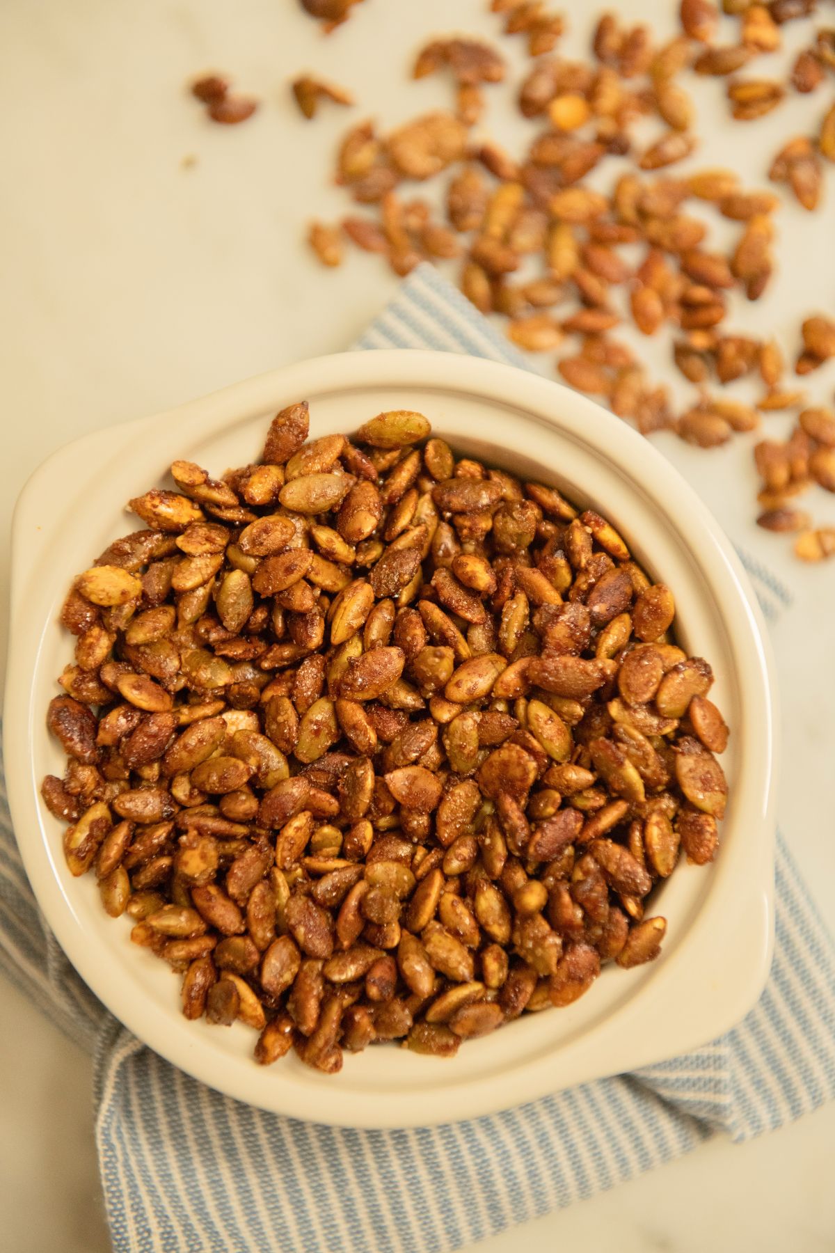 A large bowl of candied pepitas.