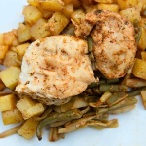 Chicken, potatoes, and green beans from a foil packet.