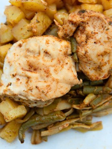 Chicken, potatoes, and green beans from a foil packet.