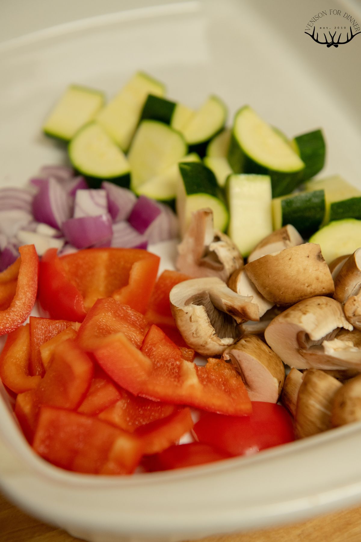 Diced veggies ready for kabobs.