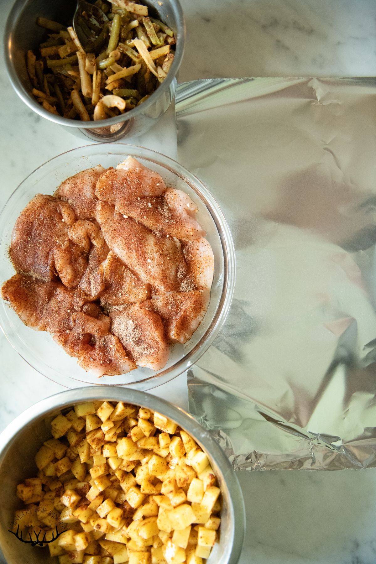 Bowl of chopped items for foil packets.