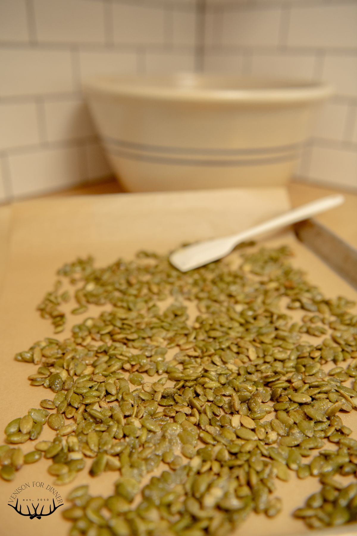 Coated pepitas on parchment paper.