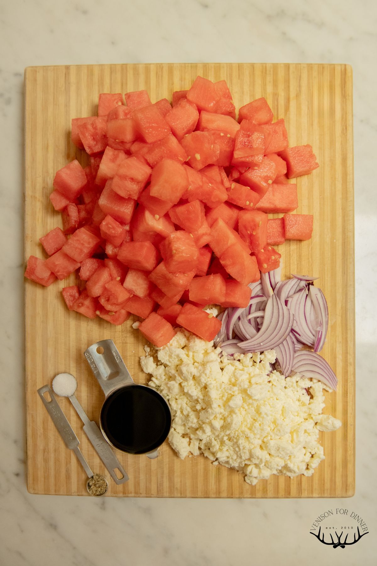 Ingredients to make watermelon feta salad.
