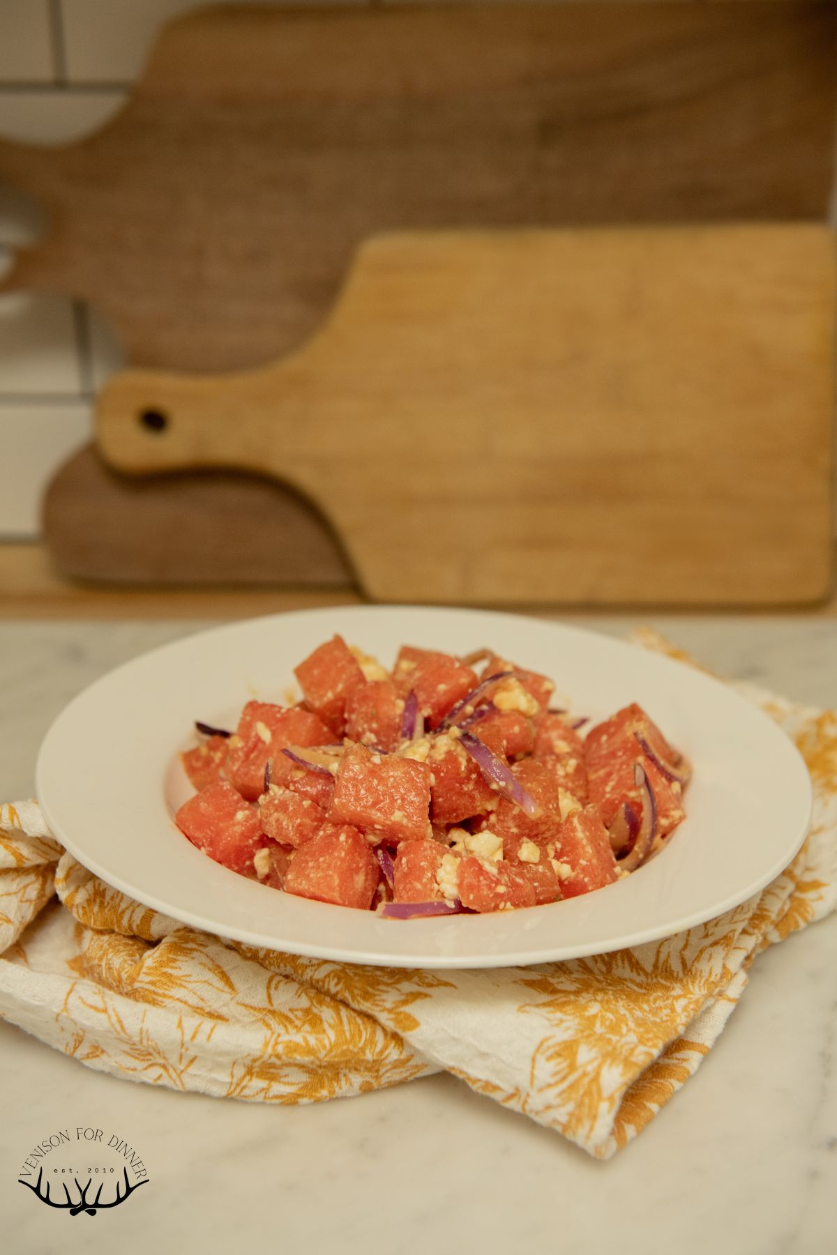 Watermelon feta salad on a plate.