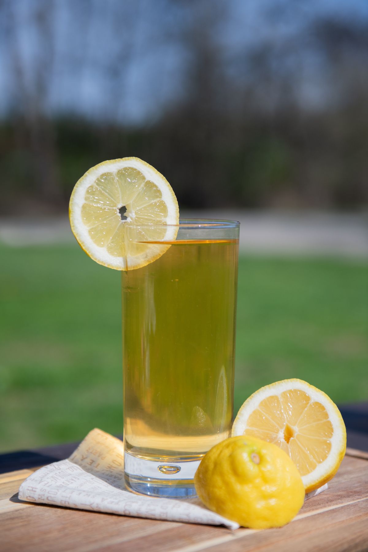 Sweet iced tea in a glass on the porch.