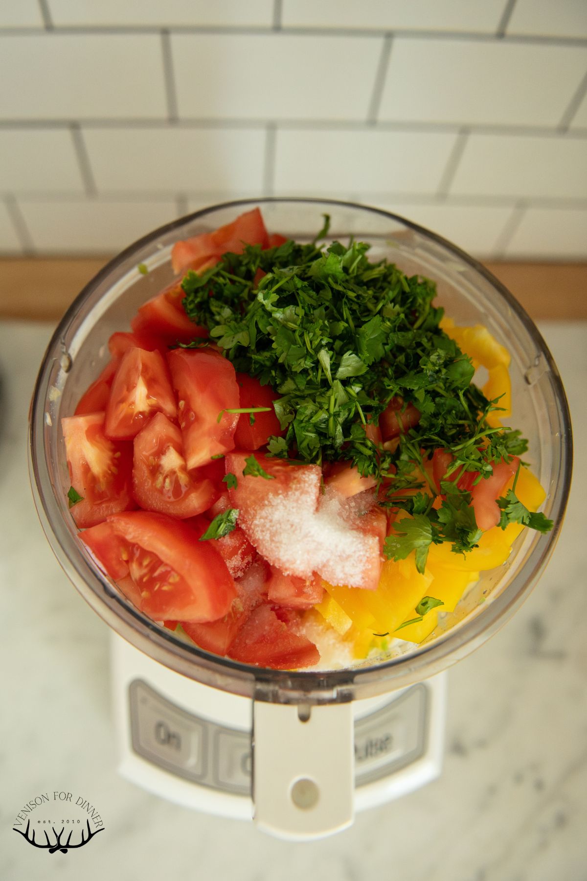 Tomatoes and herbs in a food processor.